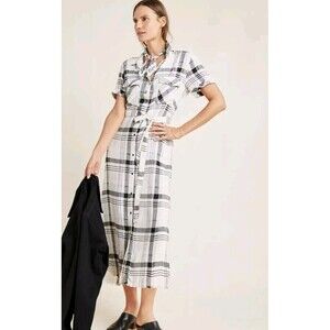 Cloth and Stone Small Anthropologie Hannah Plaid Linen Midi Shirt Dress Women #2